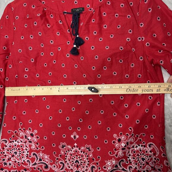 Talbots Shirt Womens Medium Petite Red Tassel Tie 3/4 Sleeve Paisley Border - Picture 5 of 8